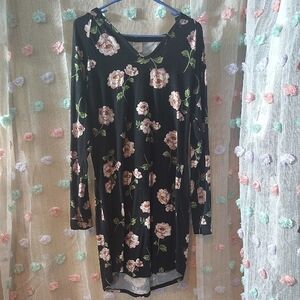 No Boundaries Black Floral Long Sleeve Dress with Pink Roses